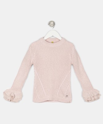 Gini & Jony Self Design Round Neck Casual Girls Pink Sweater at flipkart