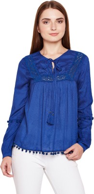 OXOLLOXO Casual Regular Sleeve Self Design Women Blue Top