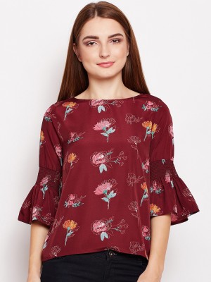 OXOLLOXO Casual Bell Sleeve Floral Print Women Maroon Top