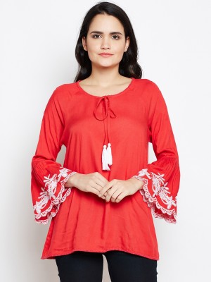 OXOLLOXO Casual Bell Sleeve Embroidered Women Red Top