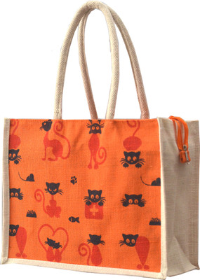 

AGGDA Jute Shopping Grocery Bag Printed with Cats Icon Medium Size with Long Cotton Rope Handle Women (Nursery/Play School) Waterproof Multipurpose Bag(Orange, 16 L)