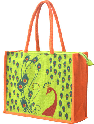 

AGGDA Jute Shopping Grocery Bag Printed with Peacock and Feathers Medium Size with Long Cotton Rope Handle Women Tote Bag and Lunch Bag Waterproof Multipurpose Bag(Green, 16 L)