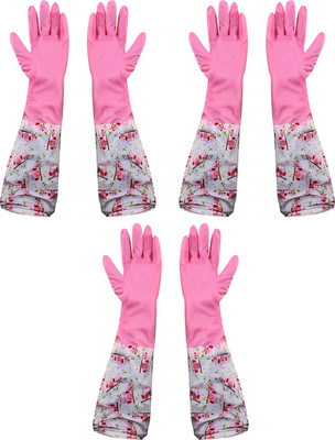 HOKIPO Reusable PVC Hand Gloves For Kitchen, Free Size, Elbow Length (3 Pair) Wet and Dry Glove Set(Free Size Pack of 3)