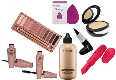 

Dazzling Sponge Puff, Mac Studio Fix Compact, Giambattista Valli Lipstick, Kajal, Mac Face And Body Foundation, Lakme 9 To 5 Eyeliner And Mascara, Naked 12 Shade Eyeshadow(Set of 8)
