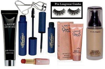 

Pro Longwear combo Eyelashes,Mac Match Master Foundation,Padma Liquid Eyeliner,Mascara,Lakme Absolute Blur Perfact Primer,9to5 Matte Primer Lipstick,Mousse Cream With Eyelashes Curler(Set of 8)(Set of 8)