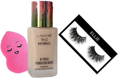 

Ellie Eyelashes, Lakme 9to5 Natueale BI-PHASE Foundation Drops, Sponge Puff(Set of 3)
