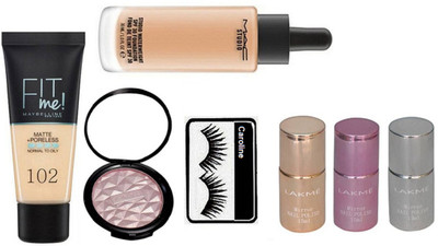 

caroline Eyelashes & Mac Studio Water Weight Foundation & Maybelline FIT Me Foundation & Illuminator & Lakme Nail Polish(Set of 7)