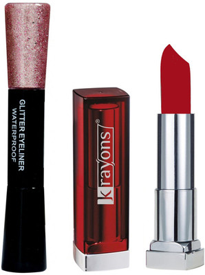 

KRAYONS Combo of Glitter Sparkling Shimmer Liquid Pearl Eyeliner, Pink with Matte Lipstick Centre Stage (Red Shade) by OneLook(Set of 2)