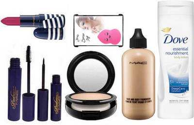 

jenney Sponge Puff & Face And Body Foundation & Compact & Zebra Lipstick & Eyeliner & Mascara & Essential Nourishment Body Lotion(Set of 7)
