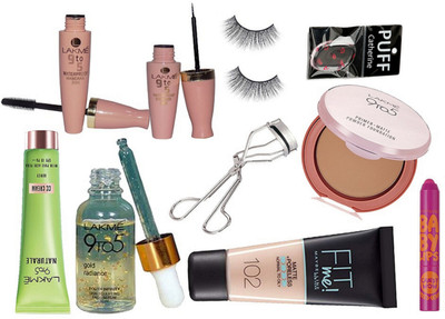 

catherine Eyelashes, Eyelashes Curler, Lakme 9to5 Compact, CC Cream, Face Serum, Eyeliner & Mascara, Maybelline Fit Me Foundation, Baby Lips Lip Balm(Set of 10)