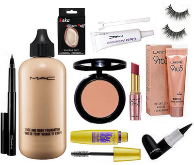 

eska Silicon Puff, Face & Body Fond De Teint Foundation,Stick Kajal,Pen Eyeliner,star trik blusher,9to5 lipstick,Mossue Foundation,Eyelashes,Eyelash Glue(Set of 10)