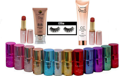 

ellie Eyelashes,Lakme Mirror Nail Paint(pack of 12) With 9to5 Primer matte Lipstick(Pack Of 2),CC Cream,BB Cream(Set of 17)