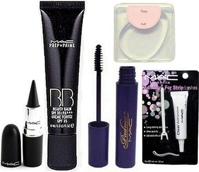 

tiara Spouge puff & Prep+Prime Mac bb Beauty Blam cream , Stick kajal , Padma eyeliner , Eyelashes glue(Set of 5)
