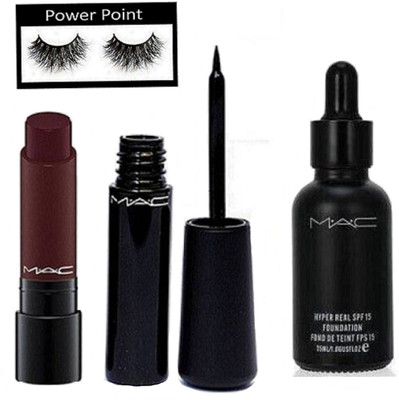

power point Eyelashes With Mac Liquid Eyeliner &Hyper Real Foundation SFP 15 & Matte Finsih Long Lasting Liptensity lipstick(Set of 4)