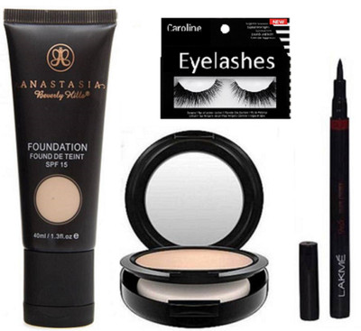 

caroline Eyelashes & Mac Compact & Anatasia Foundation & Lakme Eyeliner(Set of 4)