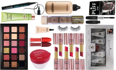 

Ellie Slicon Puff&Eyelashes&Huda Beuty Rose Gold Eyeshadow Palette&Mac Face&Body Foundation&Lakme 9To5Naturale CC Cream&Lakme Eyeconic Pen Eyeliner&Mac Select CoverUp&Gambattisa Lip Gloss2&Lakme9To5 Lipstick (Pack Of 6)&ColourBar Mascara&Shahnaz Husain Di