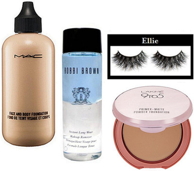 

Ellie Eyelashes, Mac Face And Body Foundation, Lakme 9 to 5 Primer Matte Powder Foundation, Bobbi Brown Long Wear Instant Makeup Remover(Set of 4)