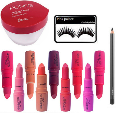 

pink palace Eyelashes, Ponds Age Miracle Day Cream, Mac Giambaittsta Valli Lipstick Pack of 9 + Pencil Kajal(Set of 12)