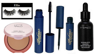 

Ellie Eyelashes, Mac Hyper Real Foundation, Padma Eyeliner & Mascara, Lakme 9to5 Primer Matte Powder Foundation(Set of 5)