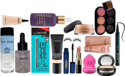 

Pro Longwear combo Sponge puff & Mac pro long wear foundation, select cover up concealer, loose powder, 3 shade blusher, padma eyeliner, studio fix compact, prep+prime primer oil, lakme 9to5 weightless mousse foundation, eyeconic kajal, pen eyeliner, bobb