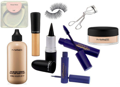 

power point Silicon Puff & Mac face and body Foundation,stick kajal & Mineralize Concealer,eyeliner+mascara,eyelashes,loose power,eyelashes curler(Set of 9)