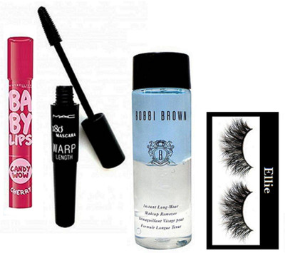

Ellie Eyelashes, Mac 180 Warp Lenght Upward lash Mascara, Bobbi Brown Long Wear Instant Makeup Remover, Maybelline Candy Wow Cherry Lipbalm(Set of 4)