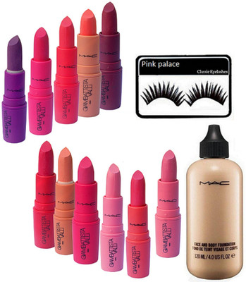 

pink palace Eyelashes, Mac face and Body Foundation + Giambaittsta Valli Lipstick Pack of 11(Set of 13)