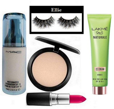 

Ellie Eyelashes, Mac MatchMaster Liquid Foundation, Studio Fix Compact, Matte Finish Lipstick, Lakme 9to5 Naturale Cc Cream(Set of 5)
