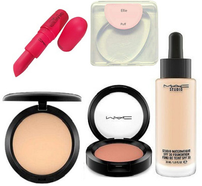 

Ellie silicon puff, Mac studio waterweight foundation, studio fix compact, blusher, gambattista valli lipstick(Set of 5)