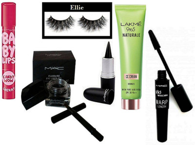 

Ellie Eyelashes & Mac Stick Kajal, Fluidline Eye Liner Gel, 180 Warp Lenght Upward lash Mascara, Lakme 9to5 Naturale Cc Cream, Maybelline Candy Wow Cherry Lipbalm(Set of 6)