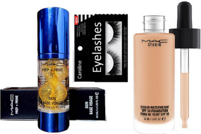 

caroline Eyelashes & Mac Prep+Prime Primer & Studio water weight Foundation(Set of 3)