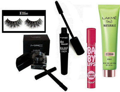 

Ellie Eyelashes, Mac Fluidline Eye Liner Gel, 180 Warp Lenght Upward lash Mascara, Lakme 9to5 Naturale Cc Cream, Maybelline Candy Wow Cherry Lipbalm(Set of 5)