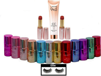 

ellie Eyelashes,Lakme Mirror Nail Paint(pack of 12) With 9to5 Primer matte Lipstick(Pack Of 2),CC Cream(Set of 16)