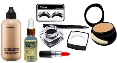 

Eska Eyelashes, Face & Body Foundation, gel eyeliner , Matte Finish Lipstick, Face serum, Two way compact(Set of 6)