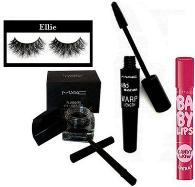 

Ellie Eyelashes & Mac 180 Warp Lenght Upward lash Mascara, Fluidline Eye Liner Gel, Maybelline Candy Wow Cherry Lipbalm(Set of 4)
