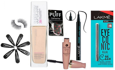 

catherine Silicon Puff, Lakme Eyeconic kajal, Eyeliner, 9to5 Mascara, Maybelline Superstay Foundation With hair Clips ( pack of 7 ), Eyelashes(Set of 13)