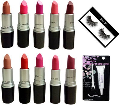 

Ellie Eyelashes, Mac Matte Finish Long Lasting Lipstick (Pack of 10), Eyelashes Glue(Set of 12)