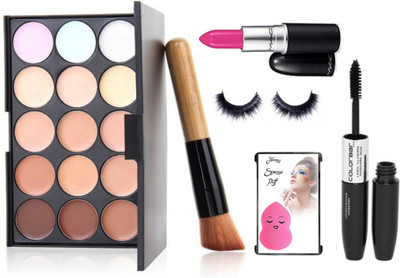 

jenney Sponge Puff, 15 Shade Concealer Palette, Lipstick, Brush,Eyelashes & 2 in 1 Eyeliner+ Mascara(Set of 6)