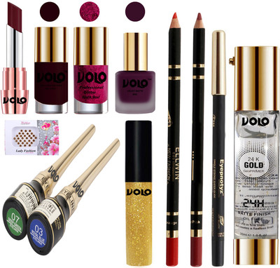 

Volo Premium Quality Makeup Set(Primer,Lipstick,Bindi,Lipliner,Shine-Glitter & Matte Nail Polish,Eyeliner,Kajal and Glitter Eyeliner)(Set of 12)