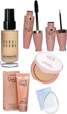 

Ultimate silicon puff, Lakme 9to5 primer matte powder foundation, waterproof eyeliner and mascara, weightless mousse foundation, bobbi brown skin foundation(Set of 6)