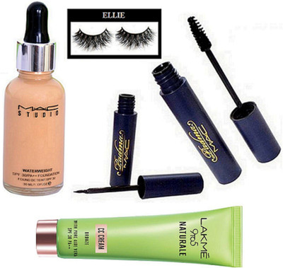 

Ellie Eyelashes, Mac Studio Waterweight Foundation, Padma Eyeliner And Mascara, Lakme 9to5 Naturale Cc Cream(Set of 5)
