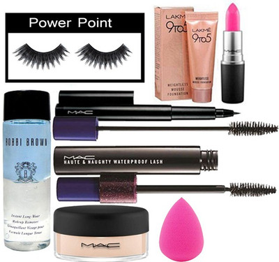 

powerpoint Eyelashes&Mac Pink Shade Lipstick&Lakme 9TO5 Mousse Foundation&Mac Loose Powder&Haute &Naughty Mascara&Mac Pen Eyeliner&&Sponge Puff&Curler&Bobi Brown Remover(Set of 8)