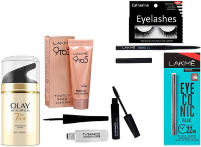 

catherine Eyelashes, Olay Day Cream, Lakme Eyeconic kajal -2, 9to5 Mousse Foundation, mac Eyeliner & Mascara(Set of 7)