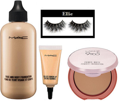 

Ellie Eyelashes, Mac Face And Body Foundation, Select Cover-Up, Lakme 9to5 Primer Matte Powder Foundation(Set of 4)