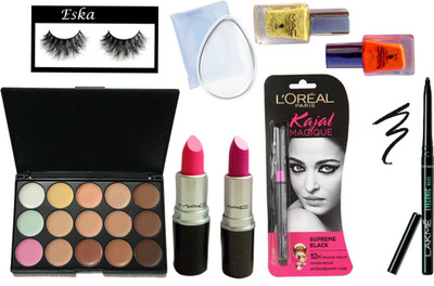 Eska Eyelashes, 15 shades Concealer palette , nail paint pack of 2, matte finish lipstick pack of 2, kajal 2, silicon puff(Set of 9)