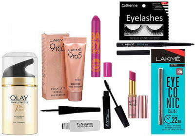 

catherine Eyelashes, Olay Day Cream, Lakme Eyeconic kajal -2, 9to5 Mousse Foundation,Lipstick, mac Eyeliner & Mascara, maybelline Baby Lips Lip Balm(Set of 9)