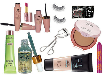 

catherine Silicon Puff, Eyelashes, Eyelashes Curler, Lakme 9to5 Compact, CC Cream, Face Serum, Eyeliner & Mascara, Lipstick, Maybelline Fit Me Foundation, Baby Lips Lip Balm(Set of 11)