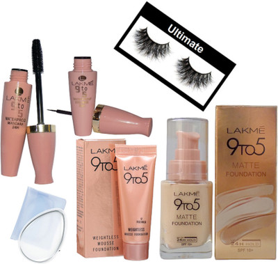 

Ultimate eyelashes., waterproof eyeliner and mascara, weightless mousse foundation, matte foundation with silicon puff(Set of 6)
