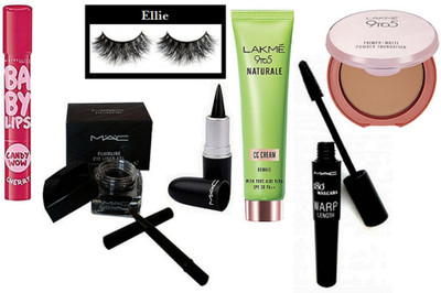 

Ellie Eyelashes & Mac Stick Kajal, Fluidline Eye Liner Gel, 180 Warp Lenght Upward lash Mascara, Lakme 9to5 Naturale Cc Cream, 9to5 Primer Matte Powder Foundation, Maybelline Candy Wow Cherry Lipbalm(Set of 7)