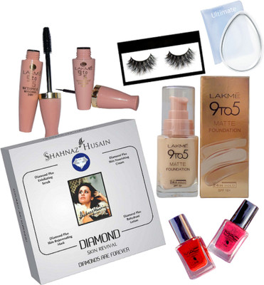 

Ultimate silicon puff, Lakme 9to5 matte foundation, waterproof mascara and eyeliner, shahnaz husain diamond facial kit, Mac professional nail polish pack of 2 with eyelashes(Set of 8)